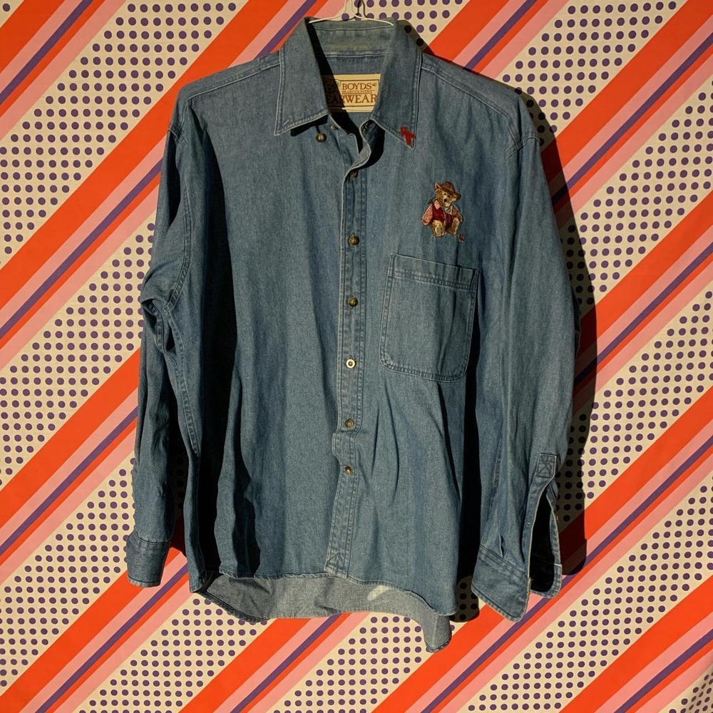 Vintage 90s Boyds Bearwear Denim Button Up Shirt Embroidered Bear Blue Large
